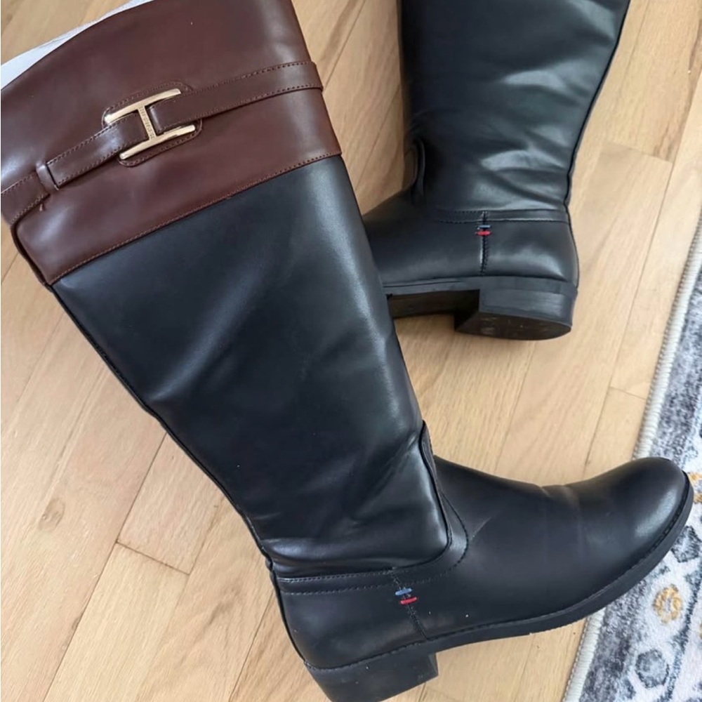 Tommy Hilfiger Black and Brown Women's Wide Calf Boots, size 8